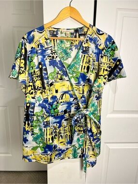 JM Collection Sz 22W True Wrap Blouse Top Mediterranean Village Travel Vacation